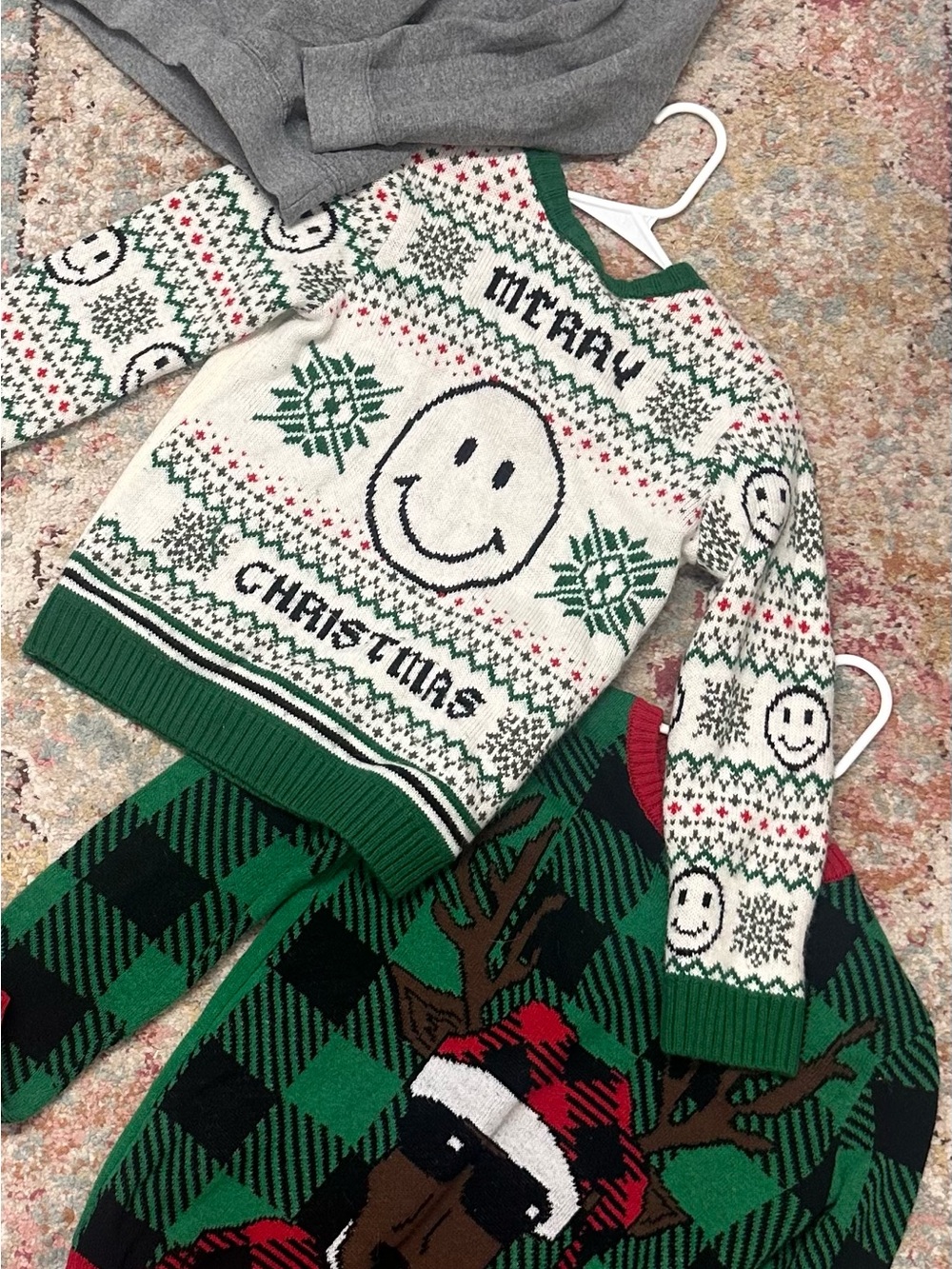 3 Holiday Knit Sweaters in Cream and Green and Gray. All three included.